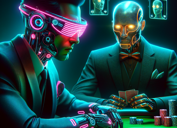 Poker Psychology: How to Read Your Opponent Like a Pro A close-up of a cyber-enhanced poker player wearing neon-tinted glasses that display a digital HUD interface analyzing his opponent’s micro-expressions. Across the table, another gambler, partially robotic, nervously holds his cards. The background is a neon-lit futuristic casino with floating holograms of psychological data. The art style follows the Neon Noir Cyber-Vintage theme, with cybernetic details and retro-futuristic neon lights.