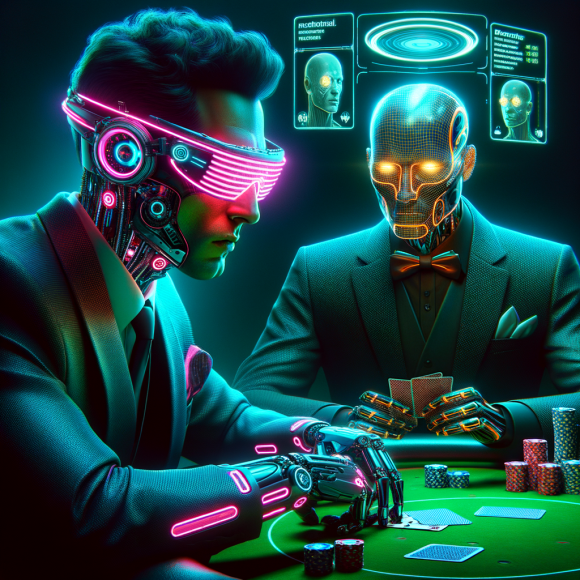 A close-up of a cyber-enhanced poker player wearing neon-tinted glasses that display a digital HUD interface analyzing his opponent’s micro-expressions. Across the table, another gambler, partially robotic, nervously holds his cards. The background is a neon-lit futuristic casino with floating holograms of psychological data. The art style follows the Neon Noir Cyber-Vintage theme, with cybernetic details and retro-futuristic neon lights.