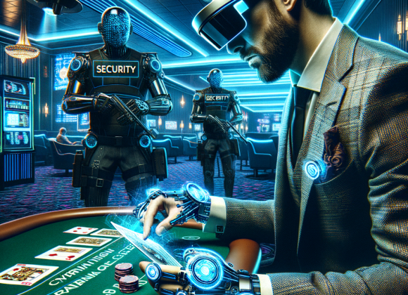 Professional Gamblers: How They Make a Living Without Losing It All A cyber-cheater uses a high-tech augmented reality visor to scan glowing digital playing cards at a futuristic casino. Security AI cameras track his every move. The Neon Noir Cyber-Vintage aesthetic enhances the cybercrime atmosphere with glitch effects and neon blue security warnings.