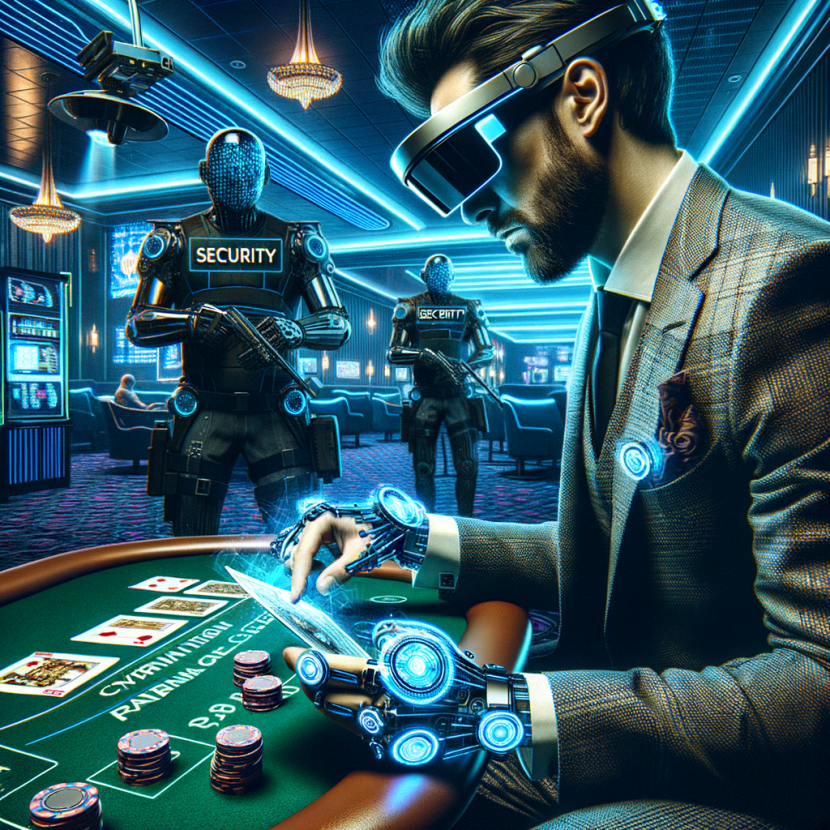 A cyber-cheater uses a high-tech augmented reality visor to scan glowing digital playing cards at a futuristic casino. Security AI cameras track his every move. The Neon Noir Cyber-Vintage aesthetic enhances the cybercrime atmosphere with glitch effects and neon blue security warnings.