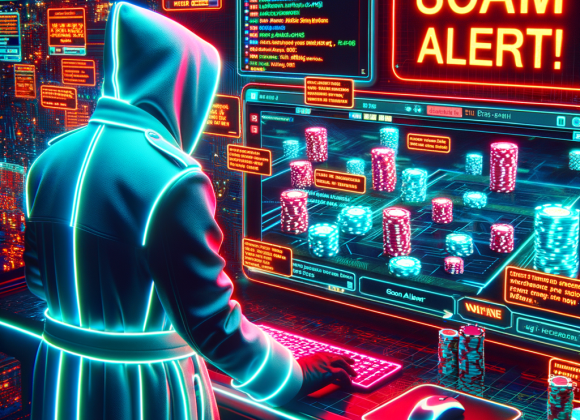A cyber-detective figure in a neon-trench coat analyzes a glowing Telegram chat filled with gambling transactions and anonymous users. A holographic warning sign in bright red flashes "SCAM ALERT!" The background consists of a dark, digital casino environment with glitch effects and neon-lit security firewalls. The Neon Noir Cyber-Vintage aesthetic amplifies the tension and secrecy of the scene.