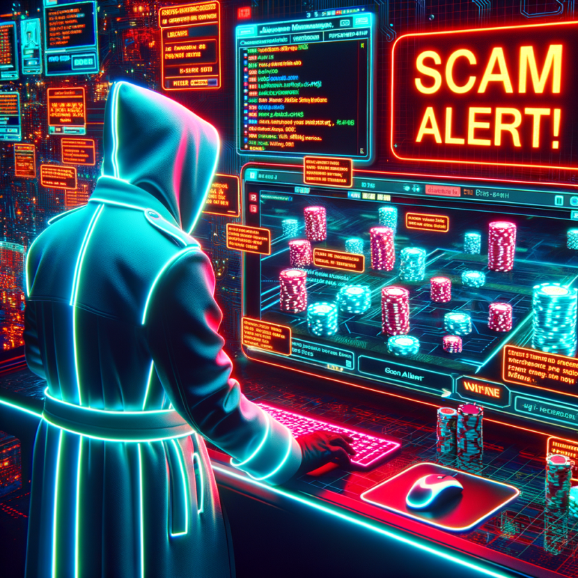 How Safe Are Telegram Gambling Groups? A cyber-detective figure in a neon-trench coat analyzes a glowing Telegram chat filled with gambling transactions and anonymous users. A holographic warning sign in bright red flashes "SCAM ALERT!" The background consists of a dark, digital casino environment with glitch effects and neon-lit security firewalls. The Neon Noir Cyber-Vintage aesthetic amplifies the tension and secrecy of the scene.