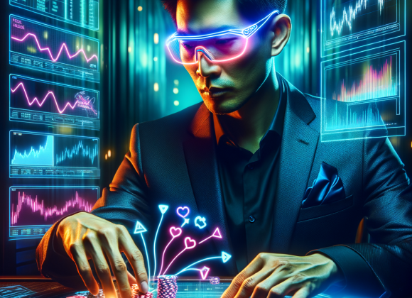 Skill-Based Gambling: Where Luck Meets Strategy A cyber-executive wearing neon-tinted glasses analyzes a holographic poker hand while business charts float beside him. His poker strategy and business strategy align in a glowing data stream. The Neon Noir Cyber-Vintage aesthetic blends financial success with the tactics of a professional gambler.