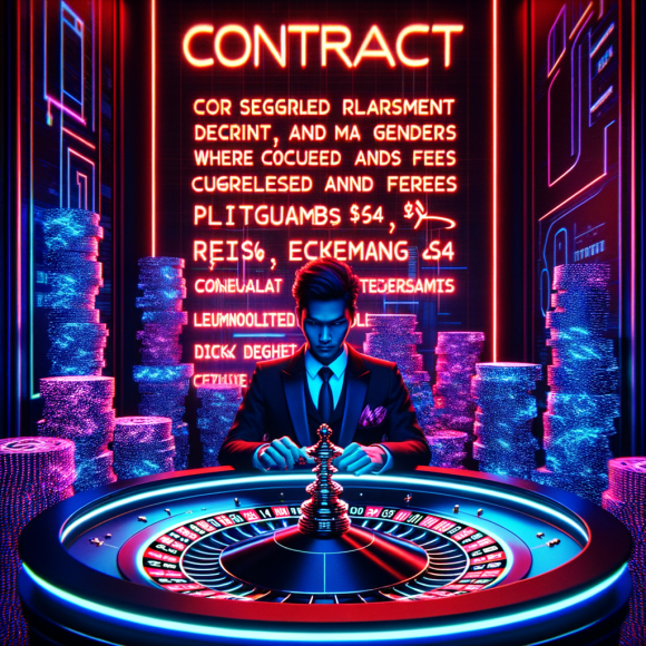 A cyber gambler stares at a giant glowing contract written in neon letters, where hidden terms and fees suddenly appear in glitchy red text. The contract hovers over a futuristic roulette table, surrounded by stacks of glowing digital coins. The Neon Noir Cyber-Vintage aesthetic is enhanced with dark blues and purples, giving the scene a cyber-detective feel.