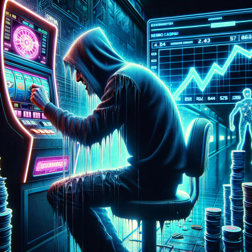 Should Online Casinos Be Banned? Exploring the Debate A cyber-gambler, sweating under the glow of a slot machine, repeatedly presses the "SPIN" button as his digital balance approaches zero. Behind him, a neon chart visualizes his losses stacking up, while AI casino analytics track his behavior. The Neon Noir Cyber-Vintage aesthetic highlights addiction through glowing data streams and intense cyber-blue lighting.