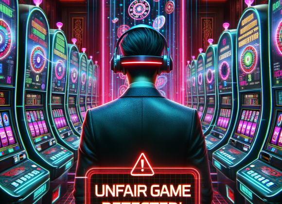 The Evolution of Casino Cheating: From Marked Cards to AI Scams A cyber-gambler wearing a high-tech visor stares at a neon slot machine, where the reels glitch and reveal hidden algorithms controlling the outcome. A red holographic warning message says, “Unfair Game Detected!”. The background is a dark futuristic casino filled with glitching machines. The Neon Noir Cyber-Vintage aesthetic highlights the digital nature of casino manipulation.