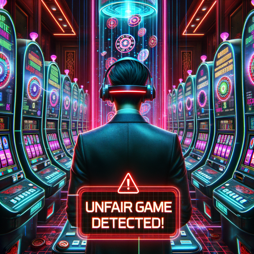 A cyber-gambler wearing a high-tech visor stares at a neon slot machine, where the reels glitch and reveal hidden algorithms controlling the outcome. A red holographic warning message says, “Unfair Game Detected!”. The background is a dark futuristic casino filled with glitching machines. The Neon Noir Cyber-Vintage aesthetic highlights the digital nature of casino manipulation.