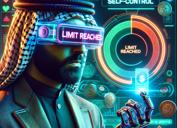 How to Set Gambling Limits and Stick to Them A cyber gambler wearing neon AR glasses, where a holographic "LIMIT REACHED" message flashes. Behind him, a glowing self-control meter hovers, tracking his spending. The Neon Noir Cyber-Vintage aesthetic blends digital discipline with a futuristic gaming interface.