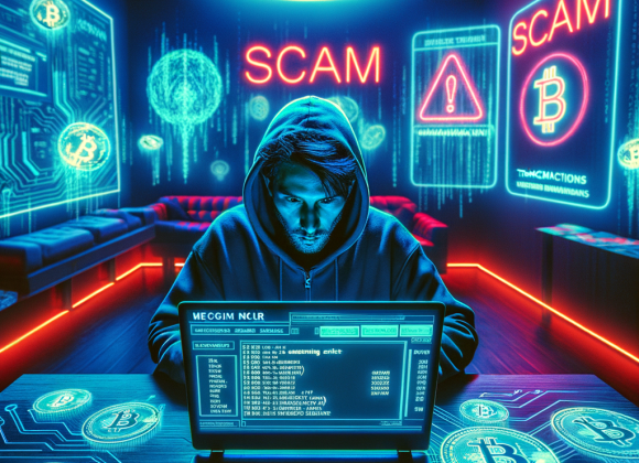 The Dark Web and Gambling: A Dangerous Combination A cyber-hacker in a dark neon-lit room stares at a glowing laptop screen displaying a deep-web gambling site. Behind him, holographic Bitcoin transactions and scam warnings flicker in red. The Neon Noir Cyber-Vintage aesthetic emphasizes digital crime with deep cyber-blue lighting and glitching effects.