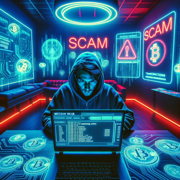 A cyber-hacker in a dark neon-lit room stares at a glowing laptop screen displaying a deep-web gambling site. Behind him, holographic Bitcoin transactions and scam warnings flicker in red. The Neon Noir Cyber-Vintage aesthetic emphasizes digital crime with deep cyber-blue lighting and glitching effects.