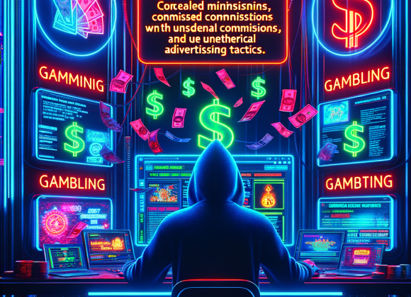 A cyber-marketer sits in front of a glowing neon screen filled with dollar signs and gambling banners. A red warning alert appears, revealing hidden fine print about unfair commissions and unethical promotions. The Neon Noir Cyber-Vintage aesthetic adds a mysterious, high-tech feel with glitch effects and neon cyber-blue hues.