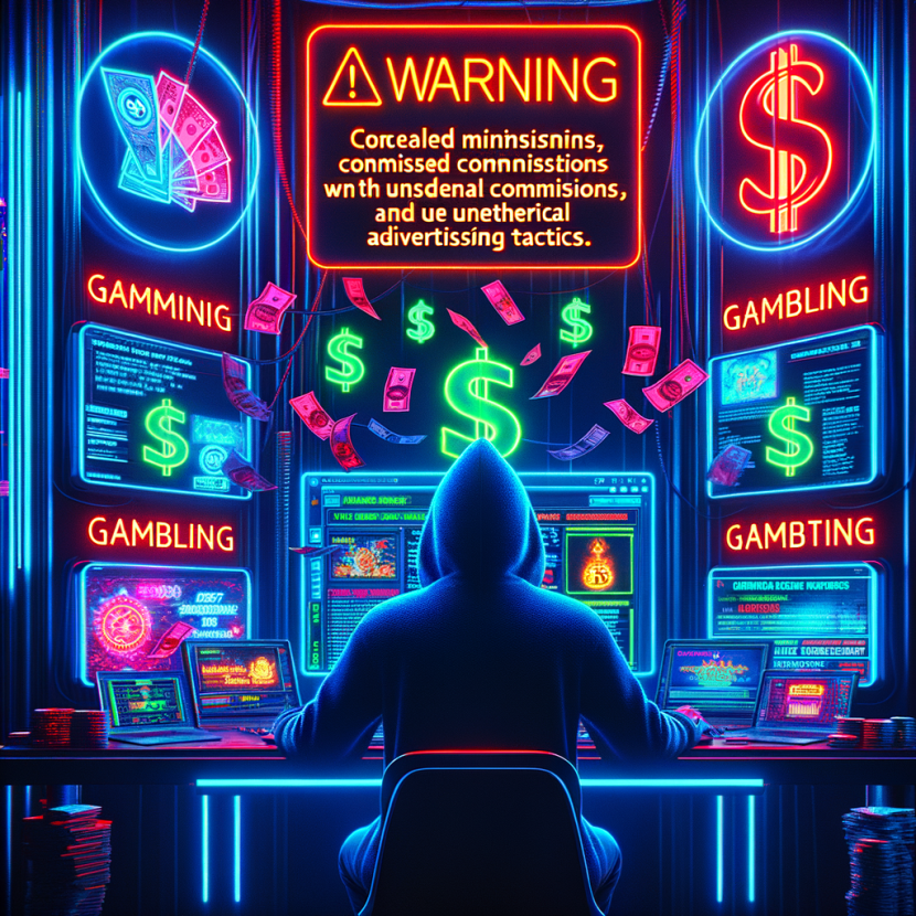 How Casinos Manipulate Players With Colors and Sounds A cyber-marketer sits in front of a glowing neon screen filled with dollar signs and gambling banners. A red warning alert appears, revealing hidden fine print about unfair commissions and unethical promotions. The Neon Noir Cyber-Vintage aesthetic adds a mysterious, high-tech feel with glitch effects and neon cyber-blue hues.