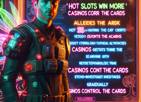 A cyber-mythbuster stands in front of a neon chalkboard filled with holographic myths like "Hot Slots Win More" and "Casinos Control the Cards." One by one, the myths glitch and disappear, revealing the truth. The Neon Noir Cyber-Vintage aesthetic enhances the investigative, cyber-tech theme.
