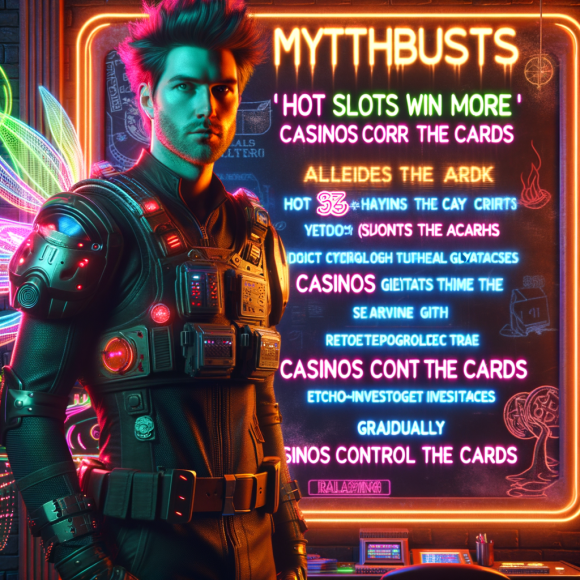 A cyber-mythbuster stands in front of a neon chalkboard filled with holographic myths like "Hot Slots Win More" and "Casinos Control the Cards." One by one, the myths glitch and disappear, revealing the truth. The Neon Noir Cyber-Vintage aesthetic enhances the investigative, cyber-tech theme.