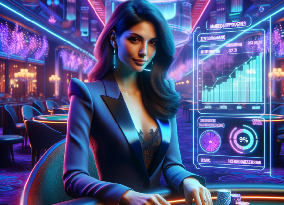 The Gambler’s Fallacy: Why Players Keep Losing A cyber-poker player sits confidently at a neon-lit digital table, with holographic charts showing improved decision-making, risk assessment, and cognitive skills. The futuristic casino environment glows in a mix of deep blues and vibrant purples, embracing the Neon Noir Cyber-Vintage aesthetic with high-tech optimism.