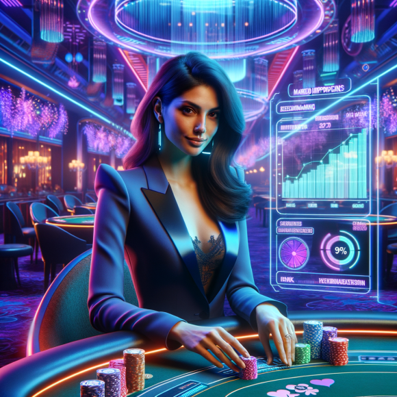 A cyber-poker player sits confidently at a neon-lit digital table, with holographic charts showing improved decision-making, risk assessment, and cognitive skills. The futuristic casino environment glows in a mix of deep blues and vibrant purples, embracing the Neon Noir Cyber-Vintage aesthetic with high-tech optimism.
