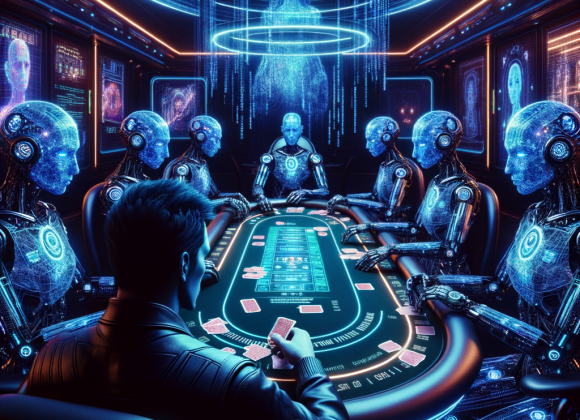 The Biggest Casino Heists in History A cyber-poker table with AI players, their holographic faces flickering as algorithms calculate every move. A human player, glowing blue from the screen’s light, stares at his cards while a neon code matrix scrolls behind him. The Neon Noir Cyber-Vintage aesthetic mixes cybernetic elements with an eerie casino glow.