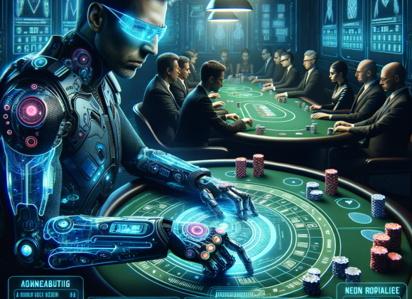 A cyber-poker tournament table where a skilled gambler in neon-tinted glasses calculates his odds using a holographic probability interface. The AI dealer watches in silence, neon numbers floating in the air. The Neon Noir Cyber-Vintage aesthetic highlights skill and strategy with electric blue holograms.