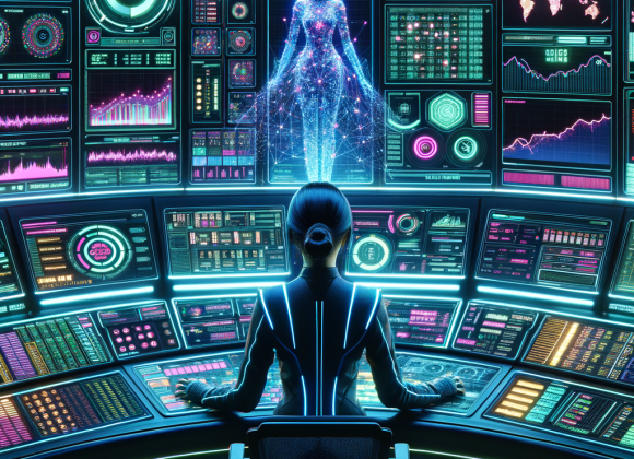 A cyberpunk casino control room filled with neon-lit holographic screens displaying player behavior data, betting patterns, and heat maps of casino activity. A casino analyst in a sleek digital suit observes the glowing data streams, adjusting player incentives in real time. The screens flicker with glitch-art effects, reinforcing the Neon Noir Cyber-Vintage aesthetic with deep blues, cyber greens, and bright electric pinks.