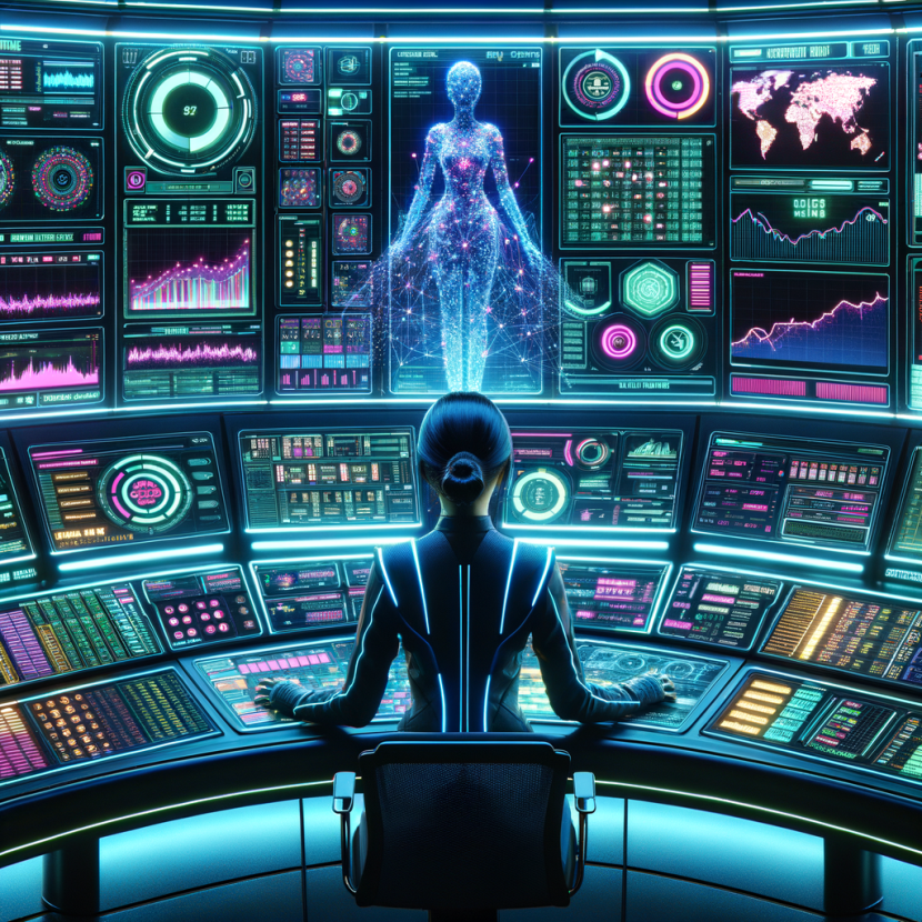 A cyberpunk casino control room filled with neon-lit holographic screens displaying player behavior data, betting patterns, and heat maps of casino activity. A casino analyst in a sleek digital suit observes the glowing data streams, adjusting player incentives in real time. The screens flicker with glitch-art effects, reinforcing the Neon Noir Cyber-Vintage aesthetic with deep blues, cyber greens, and bright electric pinks.