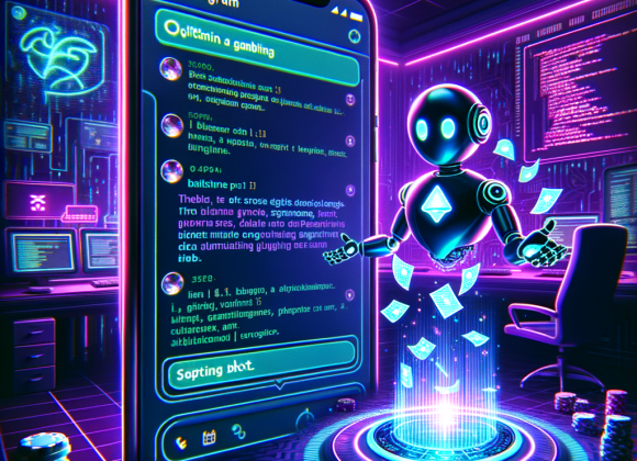 Telegram Gambling Bots: How They Work and Are They Legal? A dark, futuristic Telegram chat interface where a glowing neon gambling bot sends automated betting prompts. The screen is surrounded by glitching code and a hovering AI figure with digital playing cards. The background features a neon-lit hacker’s workspace with floating holographic casino chips. The Neon Noir Cyber-Vintage aesthetic enhances the cybercrime-like atmosphere, using deep blues and purples with bright glitchy neon highlights.