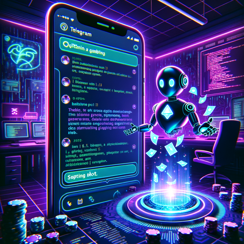 A dark, futuristic Telegram chat interface where a glowing neon gambling bot sends automated betting prompts. The screen is surrounded by glitching code and a hovering AI figure with digital playing cards. The background features a neon-lit hacker’s workspace with floating holographic casino chips. The Neon Noir Cyber-Vintage aesthetic enhances the cybercrime-like atmosphere, using deep blues and purples with bright glitchy neon highlights.
