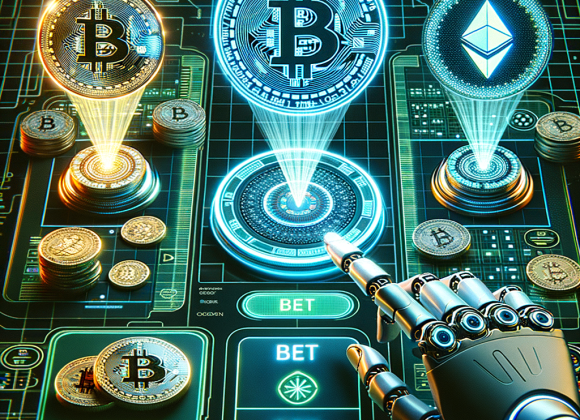 The Rise of Crypto Casinos in Telegram: A New Gambling Trend? A futuristic Telegram interface where holographic Bitcoin and Ethereum coins float above a cyber casino game. A robotic hand clicks on a glowing ‘BET’ button as blockchain transactions appear in neon lines of code. The background has a dark cyber-grid design with vibrant electric green and blue lighting. The Neon Noir Cyber-Vintage aesthetic highlights the fusion of gambling and blockchain technology.