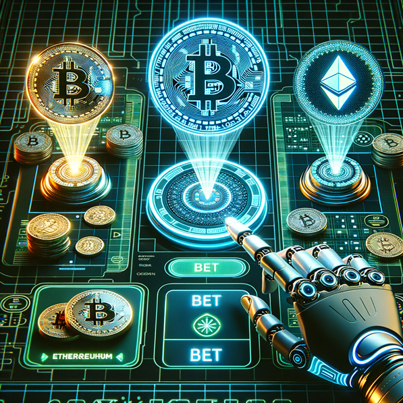 A futuristic Telegram interface where holographic Bitcoin and Ethereum coins float above a cyber casino game. A robotic hand clicks on a glowing ‘BET’ button as blockchain transactions appear in neon lines of code. The background has a dark cyber-grid design with vibrant electric green and blue lighting. The Neon Noir Cyber-Vintage aesthetic highlights the fusion of gambling and blockchain technology.