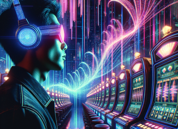 A futuristic casino filled with dazzling neon lights and hypnotic soundwaves visualized as glowing patterns in the air. A player with cyber-enhanced glasses watches as digital slot machines pulse hypnotically, drawing him in. The Neon Noir Cyber-Vintage aesthetic is heightened by deep blues, vibrant pinks, and glitch effects symbolizing psychological manipulation.