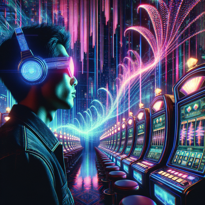 Why Gambling Addiction Is More Dangerous Online A futuristic casino filled with dazzling neon lights and hypnotic soundwaves visualized as glowing patterns in the air. A player with cyber-enhanced glasses watches as digital slot machines pulse hypnotically, drawing him in. The Neon Noir Cyber-Vintage aesthetic is heightened by deep blues, vibrant pinks, and glitch effects symbolizing psychological manipulation.