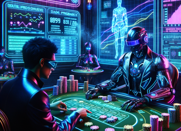 Beating the House Edge: The Best Casino Strategies That Actually Work A futuristic casino strategy table with neon-holographic poker chips and data-infused playing cards. A cybernetic dealer in a high-tech visor oversees the game while a gambler in a sleek neon-lit suit studies a holographic graph of probability and odds. The environment is rich with cyberpunk aesthetics, with flickering neon signs in the background and a high-tech gambling interface glowing with strategy formulas. The Neon Noir Cyber-Vintage theme is maintained with deep blue and violet neon highlights.