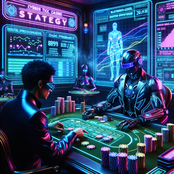 A futuristic casino strategy table with neon-holographic poker chips and data-infused playing cards. A cybernetic dealer in a high-tech visor oversees the game while a gambler in a sleek neon-lit suit studies a holographic graph of probability and odds. The environment is rich with cyberpunk aesthetics, with flickering neon signs in the background and a high-tech gambling interface glowing with strategy formulas. The Neon Noir Cyber-Vintage theme is maintained with deep blue and violet neon highlights.