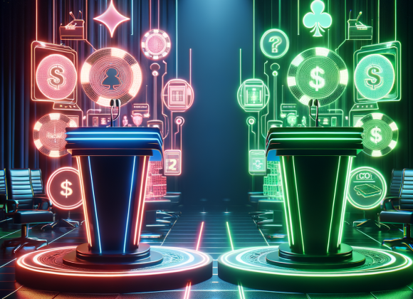 A futuristic debate stage with two neon-lit podiums—one side glowing green, the other red. Holographic casino elements like slot machines, poker tables, and digital wallets hover between the speakers. The Neon Noir Cyber-Vintage aesthetic amplifies the futuristic courtroom setting.