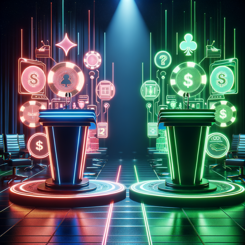 Gambling Laws in the USA: What’s Legal and What’s Not? A futuristic debate stage with two neon-lit podiums—one side glowing green, the other red. Holographic casino elements like slot machines, poker tables, and digital wallets hover between the speakers. The Neon Noir Cyber-Vintage aesthetic amplifies the futuristic courtroom setting.