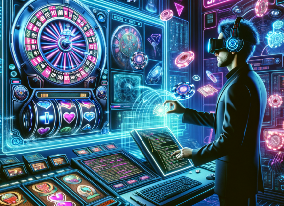 A futuristic game developer’s studio with a massive holographic screen displaying a new slot game in progress. The screen showcases neon symbols, reels, and jackpot animations being coded in real-time. A cybernetic developer in VR glasses and a high-tech suit is adjusting the settings with a holographic interface. The background has floating neon blueprints of slot mechanics, with electric-blue and pink neon lighting. The Neon Noir Cyber-Vintage aesthetic blends retro-futuristic technology with casino elements.