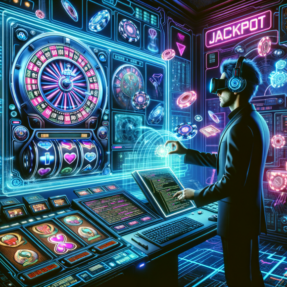 A futuristic game developer’s studio with a massive holographic screen displaying a new slot game in progress. The screen showcases neon symbols, reels, and jackpot animations being coded in real-time. A cybernetic developer in VR glasses and a high-tech suit is adjusting the settings with a holographic interface. The background has floating neon blueprints of slot mechanics, with electric-blue and pink neon lighting. The Neon Noir Cyber-Vintage aesthetic blends retro-futuristic technology with casino elements.