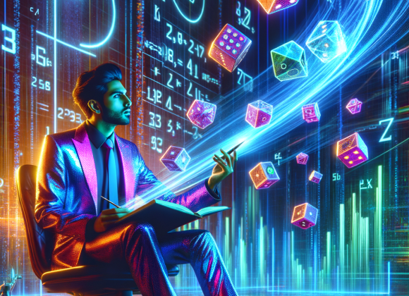 A futuristic laboratory where a cyber-scientist in a neon suit studies glowing dice suspended in mid-air. Digital probability equations swirl around him. The Neon Noir Cyber-Vintage aesthetic enhances the high-tech mystery of randomness with glitching blue and violet energy fields.
