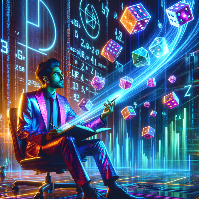 Why Casinos Offer Free Spins (And How They Still Make Money) A futuristic laboratory where a cyber-scientist in a neon suit studies glowing dice suspended in mid-air. Digital probability equations swirl around him. The Neon Noir Cyber-Vintage aesthetic enhances the high-tech mystery of randomness with glitching blue and violet energy fields.