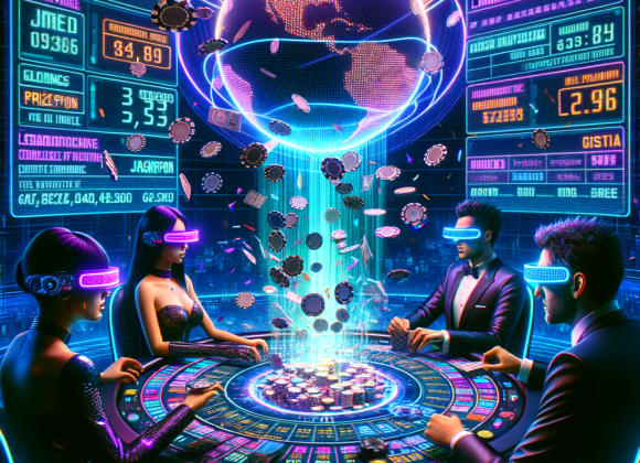 A futuristic neon-lit casino arena where cyber-gamblers compete in a high-stakes tournament. A massive glowing prize pool hovers above the center of the table, displaying a jackpot amount in bright digital numbers. Two players in cyber-enhanced visors analyze holographic statistics, while a third player celebrates a big win, neon confetti exploding around them. In the background, a leaderboard flickers with glitching names and winnings, while digital casino chips float in mid-air. The Neon Noir Cyber-Vintage aesthetic enhances the high-energy atmosphere with electric blues, vivid purples, and glitch effects, emphasizing the tension and excitement of tournament play.