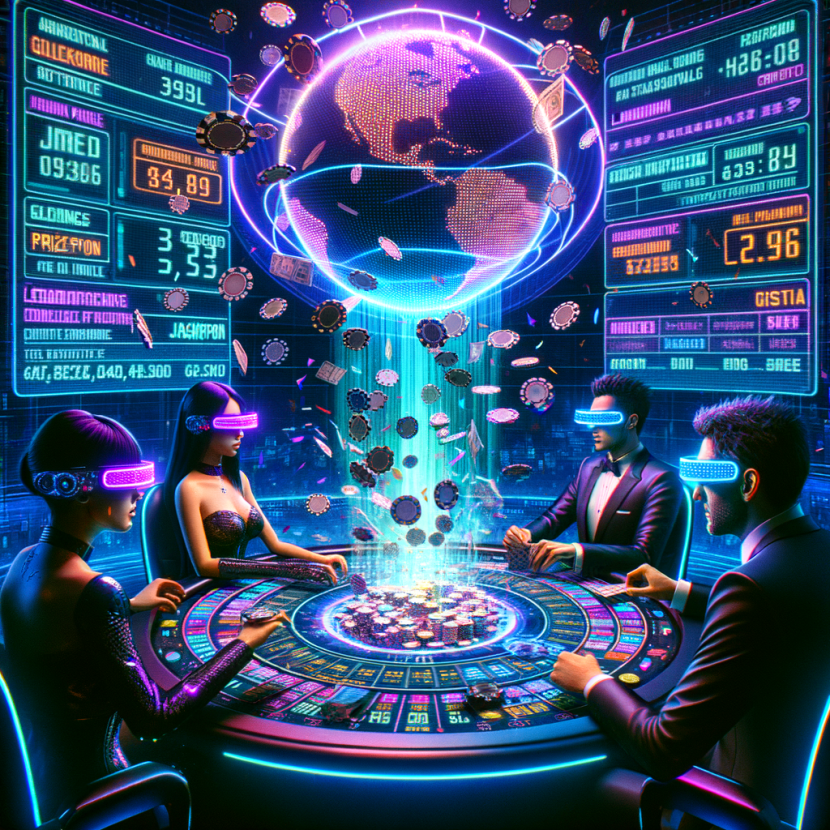 A futuristic neon-lit casino arena where cyber-gamblers compete in a high-stakes tournament. A massive glowing prize pool hovers above the center of the table, displaying a jackpot amount in bright digital numbers. Two players in cyber-enhanced visors analyze holographic statistics, while a third player celebrates a big win, neon confetti exploding around them. In the background, a leaderboard flickers with glitching names and winnings, while digital casino chips float in mid-air. The Neon Noir Cyber-Vintage aesthetic enhances the high-energy atmosphere with electric blues, vivid purples, and glitch effects, emphasizing the tension and excitement of tournament play.