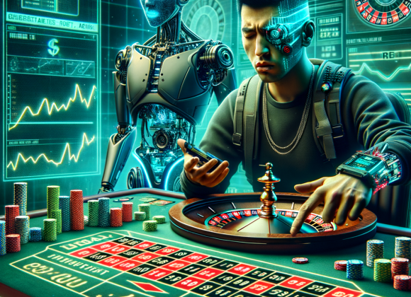 The Dark Side of Gambling Affiliate Programs A futuristic roulette table surrounded by glowing statistical charts and probability graphs. A frustrated gambler in cyber gear bets again, convinced that “this time it must land on red.” A holographic AI dealer smirks knowingly. The Neon Noir Cyber-Vintage theme emphasizes the flawed thinking with glitchy overlays of failed bets.