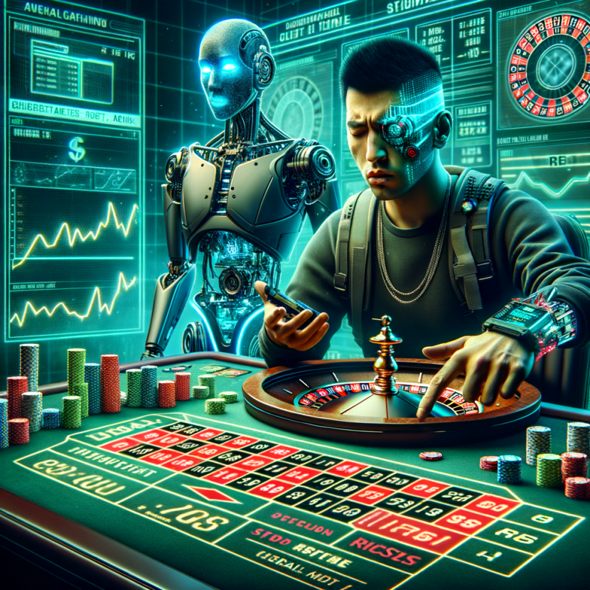 The Dark Side of Gambling Affiliate Programs A futuristic roulette table surrounded by glowing statistical charts and probability graphs. A frustrated gambler in cyber gear bets again, convinced that “this time it must land on red.” A holographic AI dealer smirks knowingly. The Neon Noir Cyber-Vintage theme emphasizes the flawed thinking with glitchy overlays of failed bets.