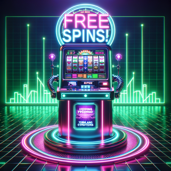 A giant holographic “FREE SPINS!” sign flashes above a cyber slot machine. A robotic arm pulls the lever, but behind the machine, neon graphs display hidden terms and conditions. The Neon Noir Cyber-Vintage aesthetic uses bright pink and green neon to emphasize marketing psychology.