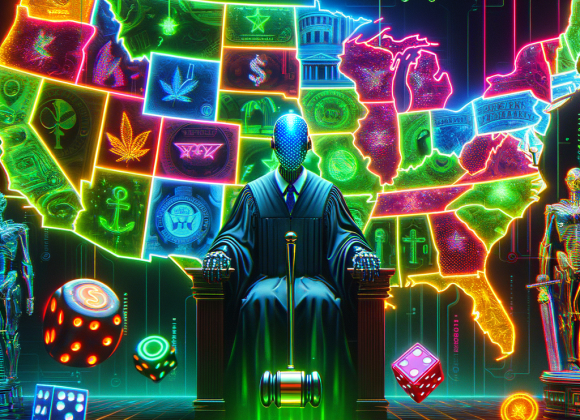 The Truth About Gambling Influencers: Are They Just Selling You a Dream? A glowing neon map of the USA, where different states light up in green (legal) and red (illegal). A cyber judge in a high-tech courtroom raises a glowing gavel while casino chips and dice float in a holographic display. The Neon Noir Cyber-Vintage aesthetic mixes legal themes with digital neon textures.