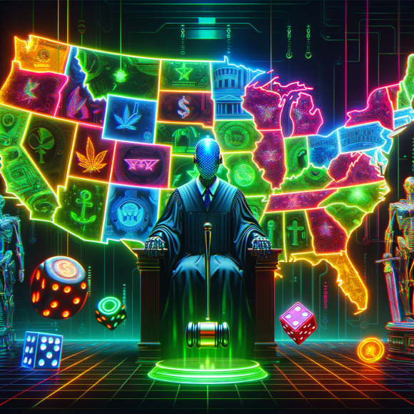 A glowing neon map of the USA, where different states light up in green (legal) and red (illegal). A cyber judge in a high-tech courtroom raises a glowing gavel while casino chips and dice float in a holographic display. The Neon Noir Cyber-Vintage aesthetic mixes legal themes with digital neon textures.