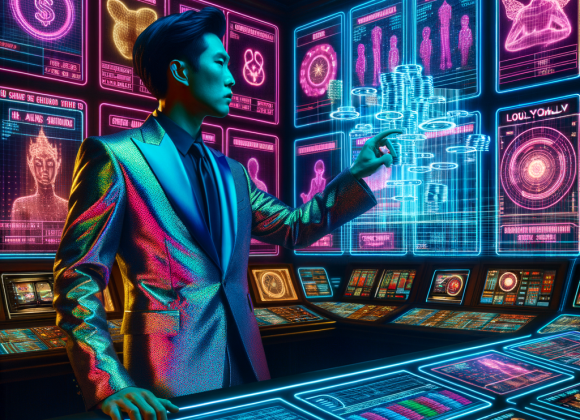 A hidden casino surveillance room filled with holographic screens displaying real-time data of high-rolling players. A cyber-security analyst in a neon suit adjusts a holographic loyalty algorithm. The Neon Noir Cyber-Vintage aesthetic mixes casino surveillance with cyber-tech secrecy.
