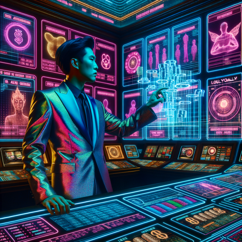 A hidden casino surveillance room filled with holographic screens displaying real-time data of high-rolling players. A cyber-security analyst in a neon suit adjusts a holographic loyalty algorithm. The Neon Noir Cyber-Vintage aesthetic mixes casino surveillance with cyber-tech secrecy.