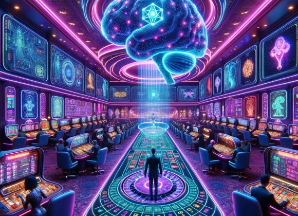 A high-tech AI-powered casino, where a massive glowing AI brain hovers above a futuristic gaming floor, controlling digital dice, cards, and roulette wheels. The walls are covered in neon screens displaying real-time AI-driven odds and player statistics. Cyber gamblers in neon-enhanced suits interact with holographic betting interfaces. The color palette includes deep purples, blues, and electric pinks. The Neon Noir Cyber-Vintage style gives the scene a futuristic yet retro-tech feel.
