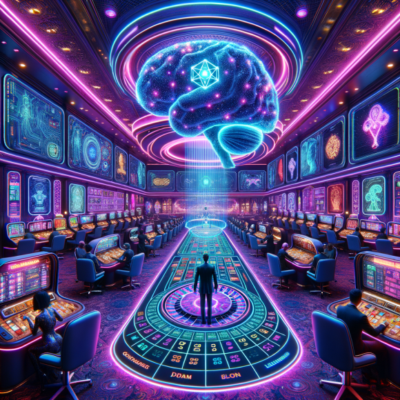 A high-tech AI-powered casino, where a massive glowing AI brain hovers above a futuristic gaming floor, controlling digital dice, cards, and roulette wheels. The walls are covered in neon screens displaying real-time AI-driven odds and player statistics. Cyber gamblers in neon-enhanced suits interact with holographic betting interfaces. The color palette includes deep purples, blues, and electric pinks. The Neon Noir Cyber-Vintage style gives the scene a futuristic yet retro-tech feel.