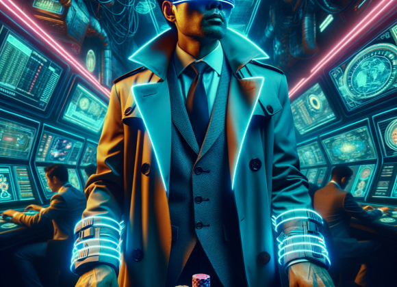 How Playing Poker Can Improve Your Business and Life Decisions A high-tech underground casino where a legendary cyber-gambler in a neon-lined trench coat stacks glowing digital chips. His visor displays live stats and bankroll management calculations. The Neon Noir Cyber-Vintage aesthetic enhances the mysterious, elite nature of professional gamblers.